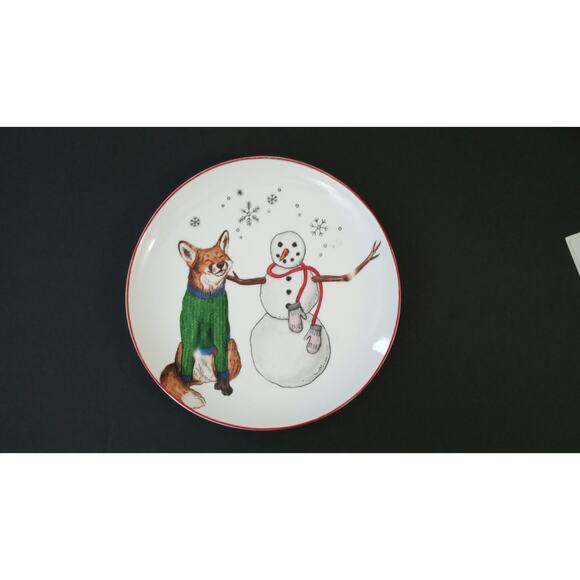 West Elm Rachel Kozlowski Dapper Animal Winter Fox Snowman Plate Salad Dessert - Picture 4 of 8